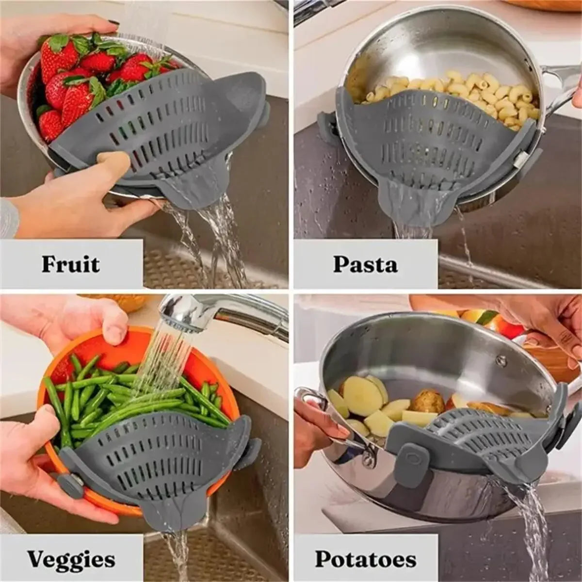 Passoire en silicone ajustable à clipser sur les casseroles.